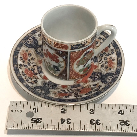 ESTATE VTG TRADITIONAL ASIAN MINIATURE TEA CUP SAUCER RICH COLOR GOLD ACCENT EUC